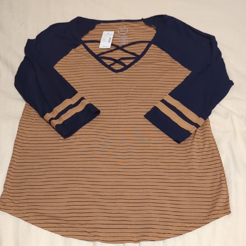 Maurices Navy and Tan Striped Crisscross Raglan Long Sleeve Tee